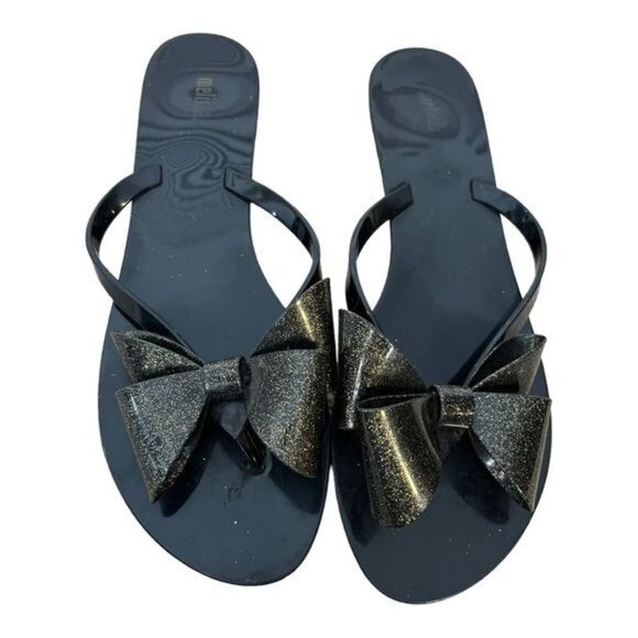 Melissa Shoes - MELISSA Jelly Sandal Black Gold Glitter Bow Size 10